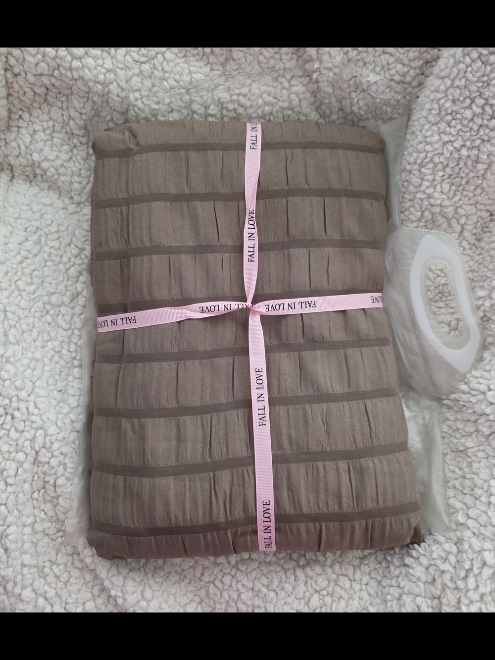NEW- Striped Pleated Toupe Queen Bedding Set.